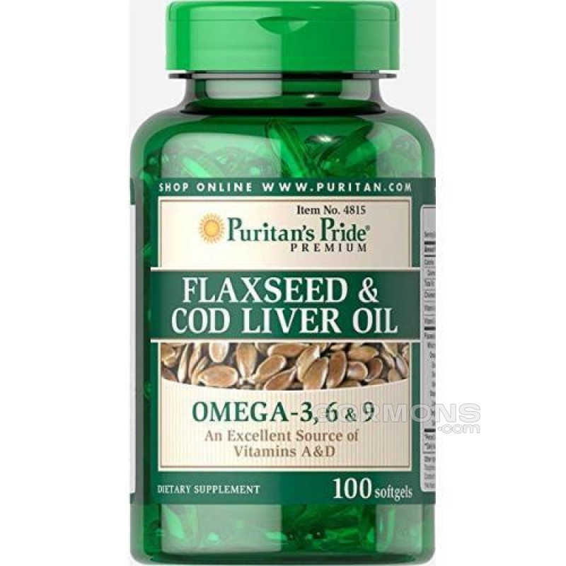 Рыбий жир Puritan's Pride Flaxseed and Cod Liver Oil 1000 mg Omega 3 6 and 9 100 softgels