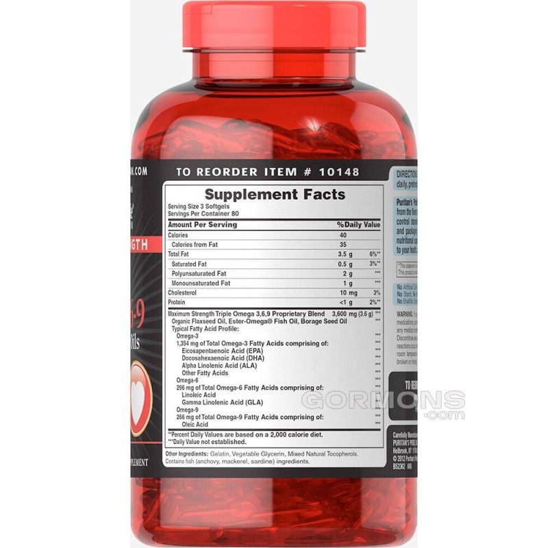 Рыбий жир Puritan's Pride Strength Triple Omega 3-6-9 Fish, Flax & Borage Oils 60 softgels