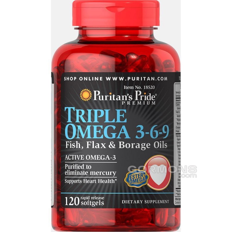 Рыбий жир Puritan's Pride  Maximum Strenght Triple Omega 3 6 9 Fish Flax Borage Oils - 120 Softgels