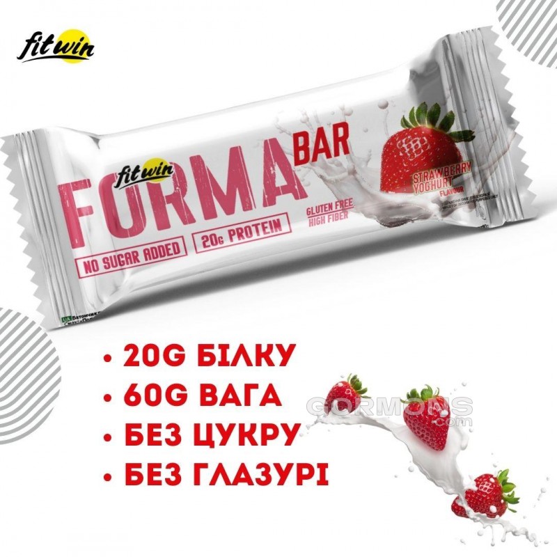 Протеїновий батончик FitWin 33% FORMA BAR, БЕЗ ЦУКРУ Полуничний йогурт 12x60 г